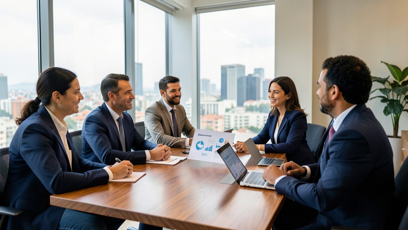 Equipo ejecutivo colombiano revisando información financiera durante una reunión
